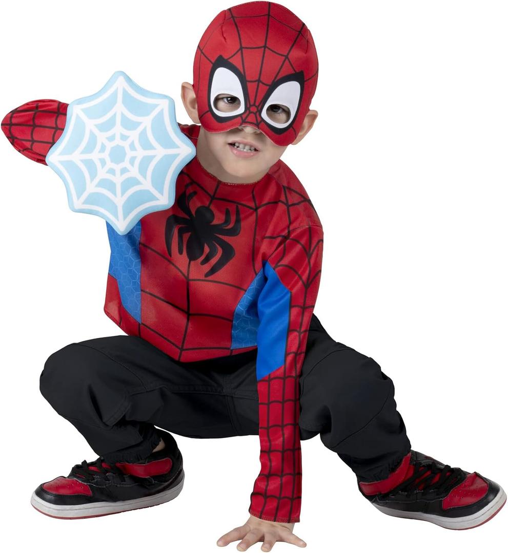 Marvel Spidey Toddler Dress-Up Box - Long-Sleeved Top with Printed Design Plus Fabric Half Mask and Foam Web Shield (3T-4T) Multi