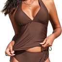 ZAFUL Women's Sexy Halter Tankini Swimsuits Drawstring Tummy Control Tankini Bathing Suits Two Piece Full Coverage Swimsuits, S