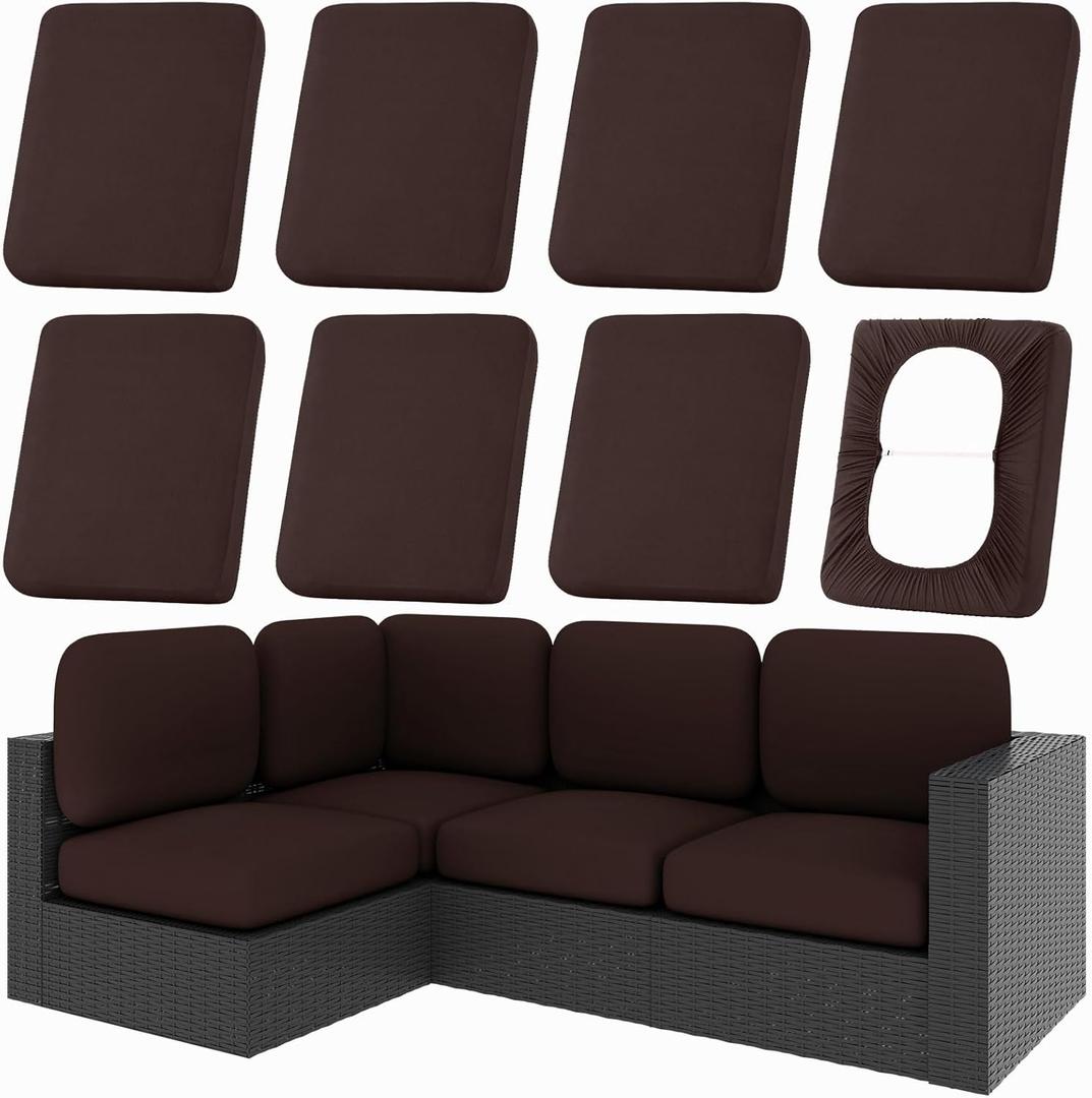 hyha 8Pcs Patio Cushion Covers, Stretch Outdoor Couch Cushion Covers Replacement, Washable Outdoor Chair/Sofa Slipcovers for Patio Furniture Cushions Protector with Elastic Bottom(Coffee, Cover Only)