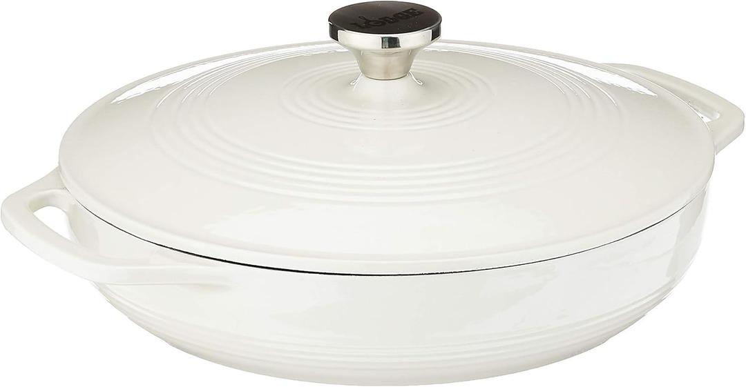 Lodge 3.6 Quart Enameled Cast Iron Round Casserole With Lid– Dual Handles – Oven Safe up to 500° F or on Stovetop - Use to Marinate, Cook, Bake, Refrigerate and Serve – Oyster White
