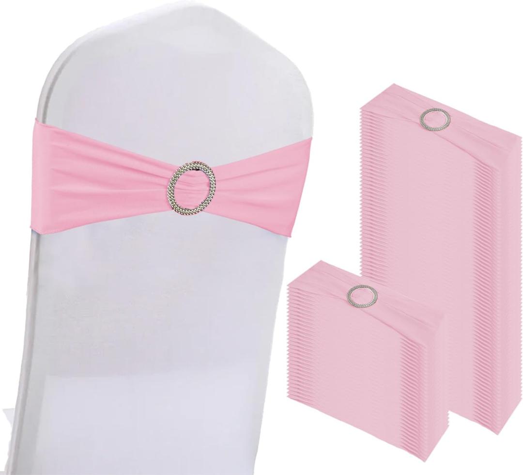 WJWHQ 100PCS Spandex Stretch Chair Sashes Bows Elastic Chair Cover Bands Ties with Buckle Slider for Wedding Party Reception Events Universal Ceremony Banquet Decorations(Pink)