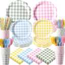 450 Pcs Gingham Tableware Set Decorations Pastel Plaid Paper Plates Napkins Cups Cutlery Straws Checkered Dinnerware Set for Easter Baby Shower BBQ Picnic Birthday Party Supplies, Serves 50