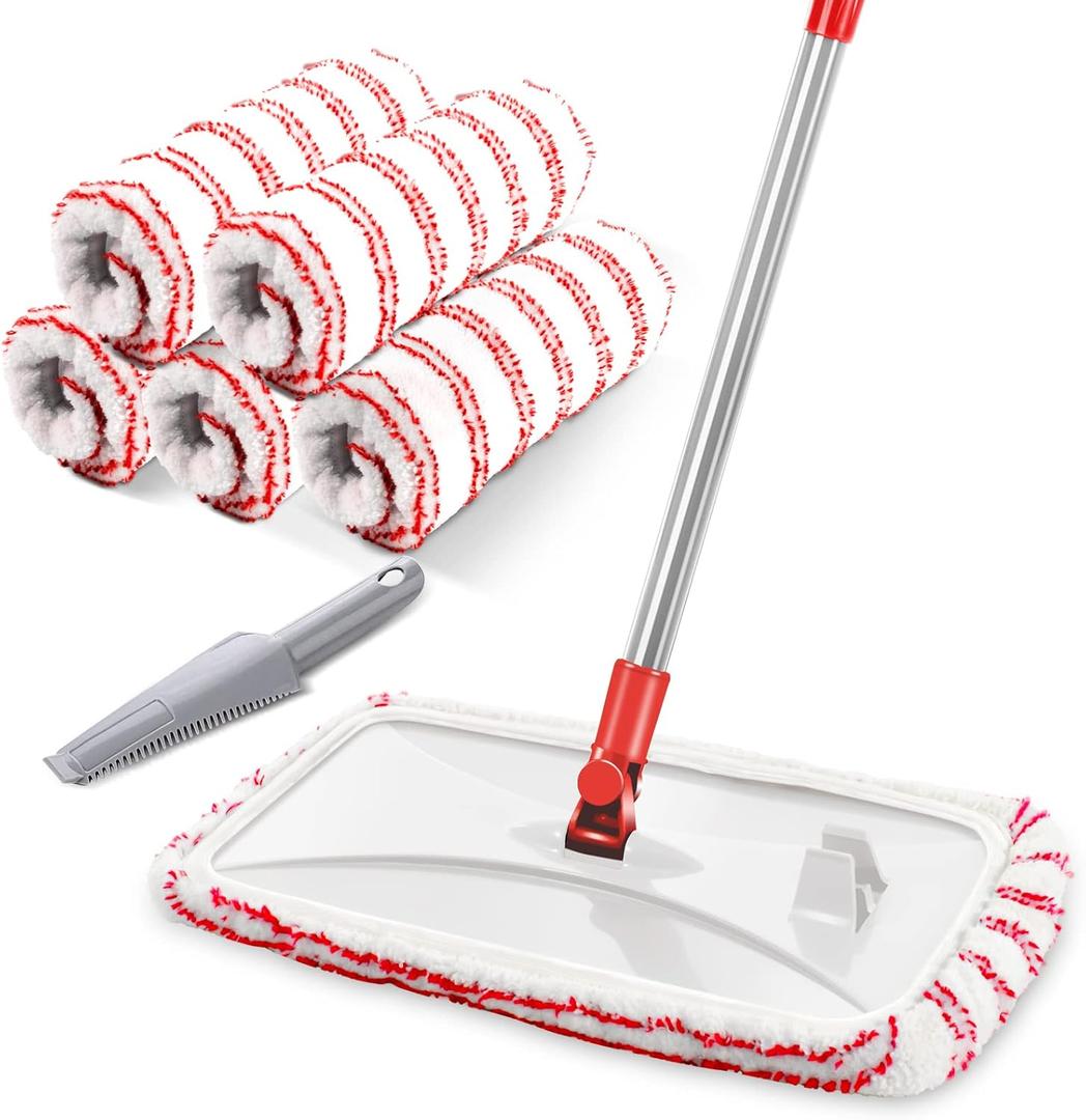 MASTERTOP Microfiber Mop, Extra Large Dust Mop with 5 Pads for Wet & Dry Use, 16'' Mops for Hardwood Laminate, Tile, Vinyl Floors,5 Microfiber Refills, 1 Cleaning Scraper (15.7"*7.8", Red)