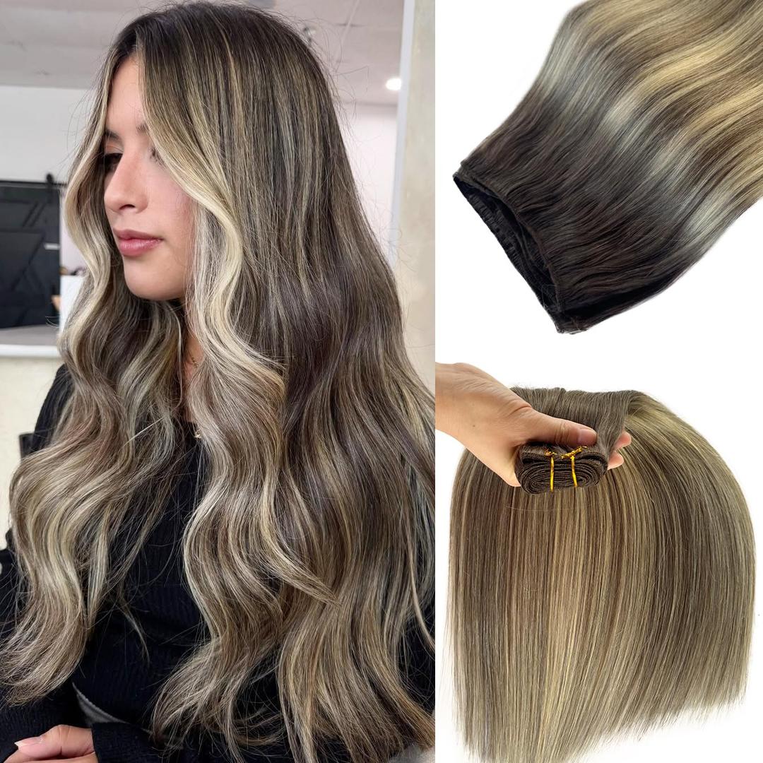 Platinum Blonde Highlight Human Weft Hair Extensions Balayage Sew in Real Hair Bundles 20inch 100G Hand Tied Light Brown to Caramel Blonde with Brown Roots Weft Virgin Hairs Extensions