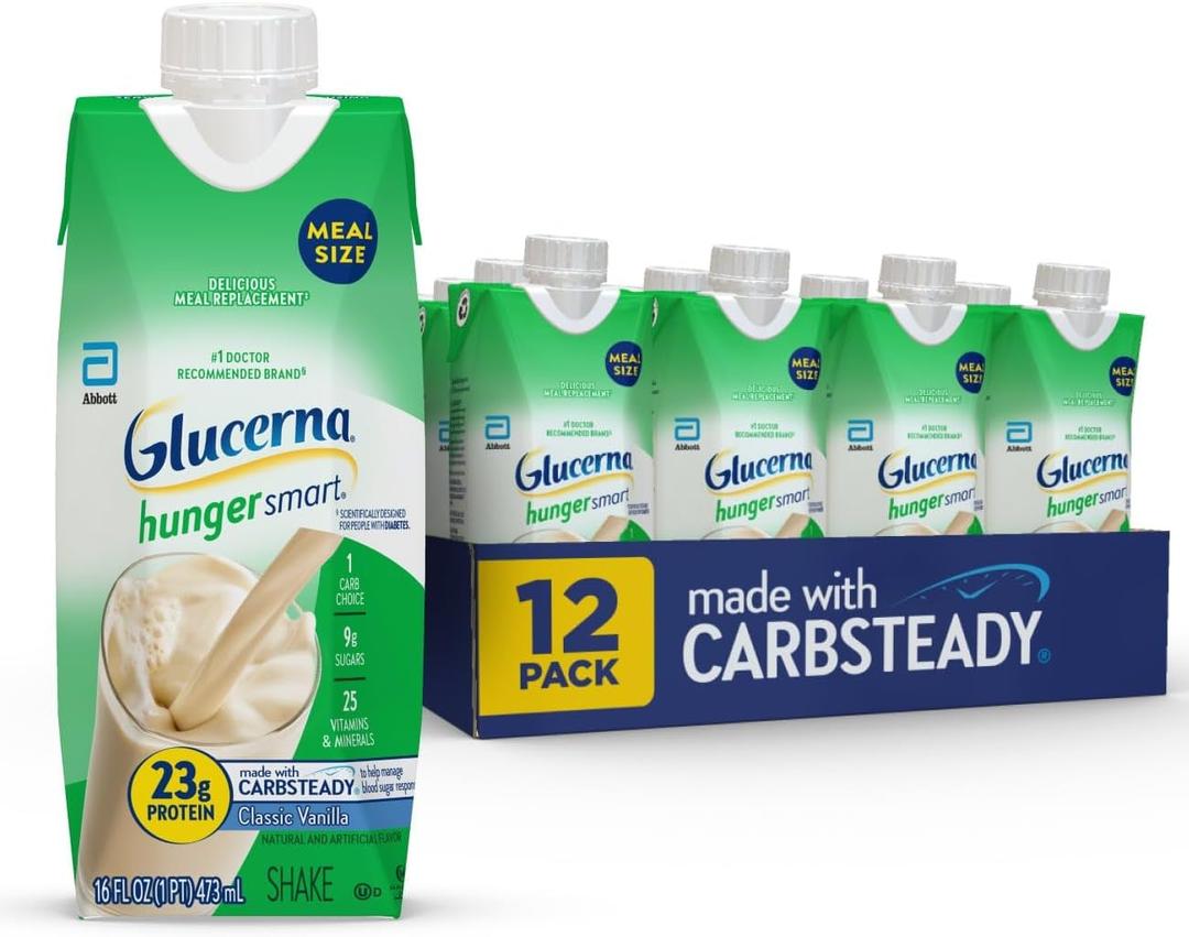 Glucerna Hunger Smart Meal Sized Diabetes Care Shake, Classic Vanilla, Diabetic Meal Replacement to Support Blood Sugar Management, 23g Protein, 250 Calories, Ready to Drink, 16-fl-oz Bottle, 12 Pack (EXP 12/01/25)