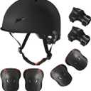 Skateboard Bike Helmet for Adults Adjustable Knee Elbow Pads Wrist Guards Protective Gear Helmets Set Teens for Bicycle Cycling Skate Scooter Bicycle Helmet Large (Head：22-23inch) Black