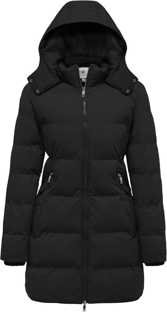Wenven Women's Warm Thickened Parka Coat Winter Puffer Jacket with Removable Hood (Large, Black)