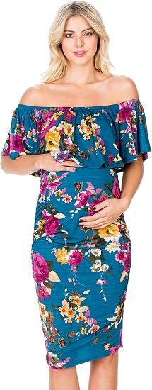 My Bump Womens Off Shoulder Maternity Dress - Ruched Ruffle Off Shoulder Baby Shower Pregnancy Dress (Made in USA) (Medium, Teal#1 Flower)