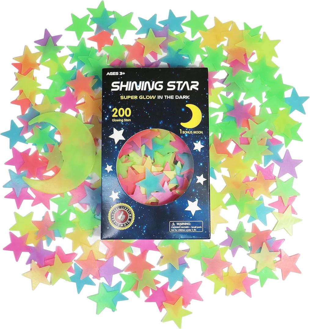 Glow in The Dark Stars Stickers for Ceiling, Adhesive 200pcs 3D Glowing Stars and Moon for Kids Bedroom,Luminous Stickers Create a Realistic Starry Sky,Room Decor,Wall Stickers