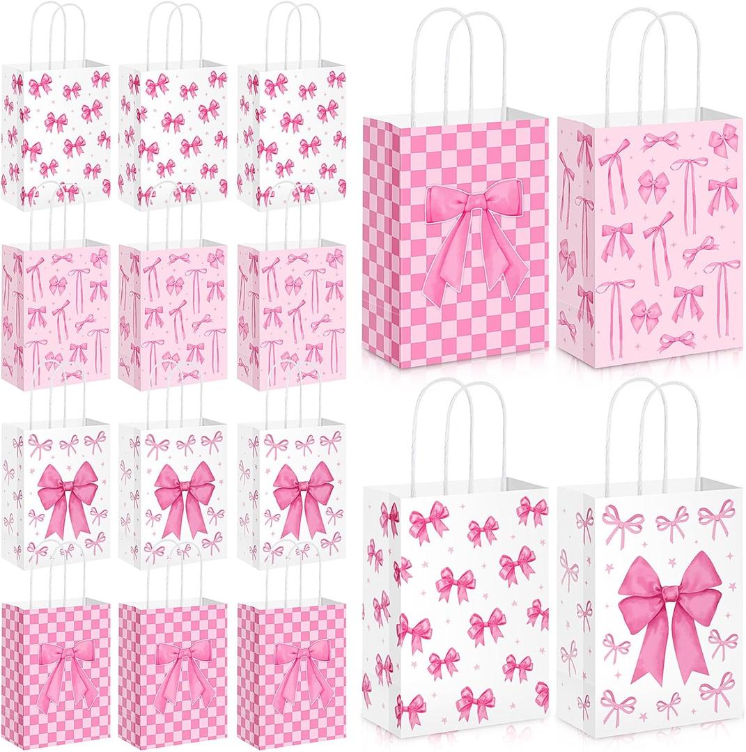 Kolldenn 24 Pcs Pink Bow Paper Gift Bags, Coquette Goodie Bags with Handles, Cute Candy Treat Storage for Wedding Birthday Holiday Engagement Baby Shower Party Favors Supplies