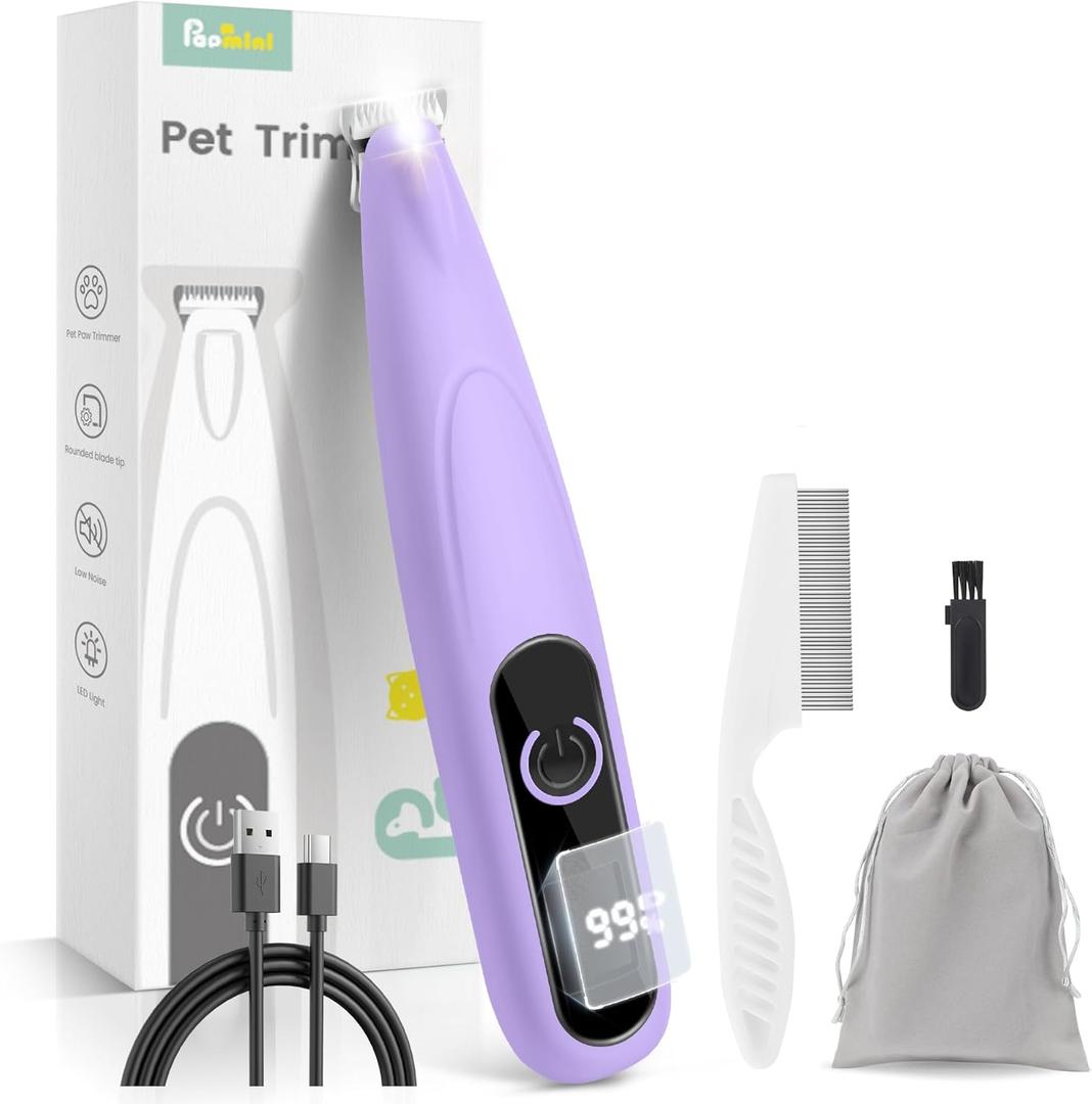 Dog Paw Trimmer with LED Display,35dB Ultra-Low Noise Dog Grooming Clippers,Cordless Paw Trimmers for Dog's Feet with LED Light,Type-C Rechargeable Cat Hair Trimmer for Paws, Ears, Face, Rump (Purple)
