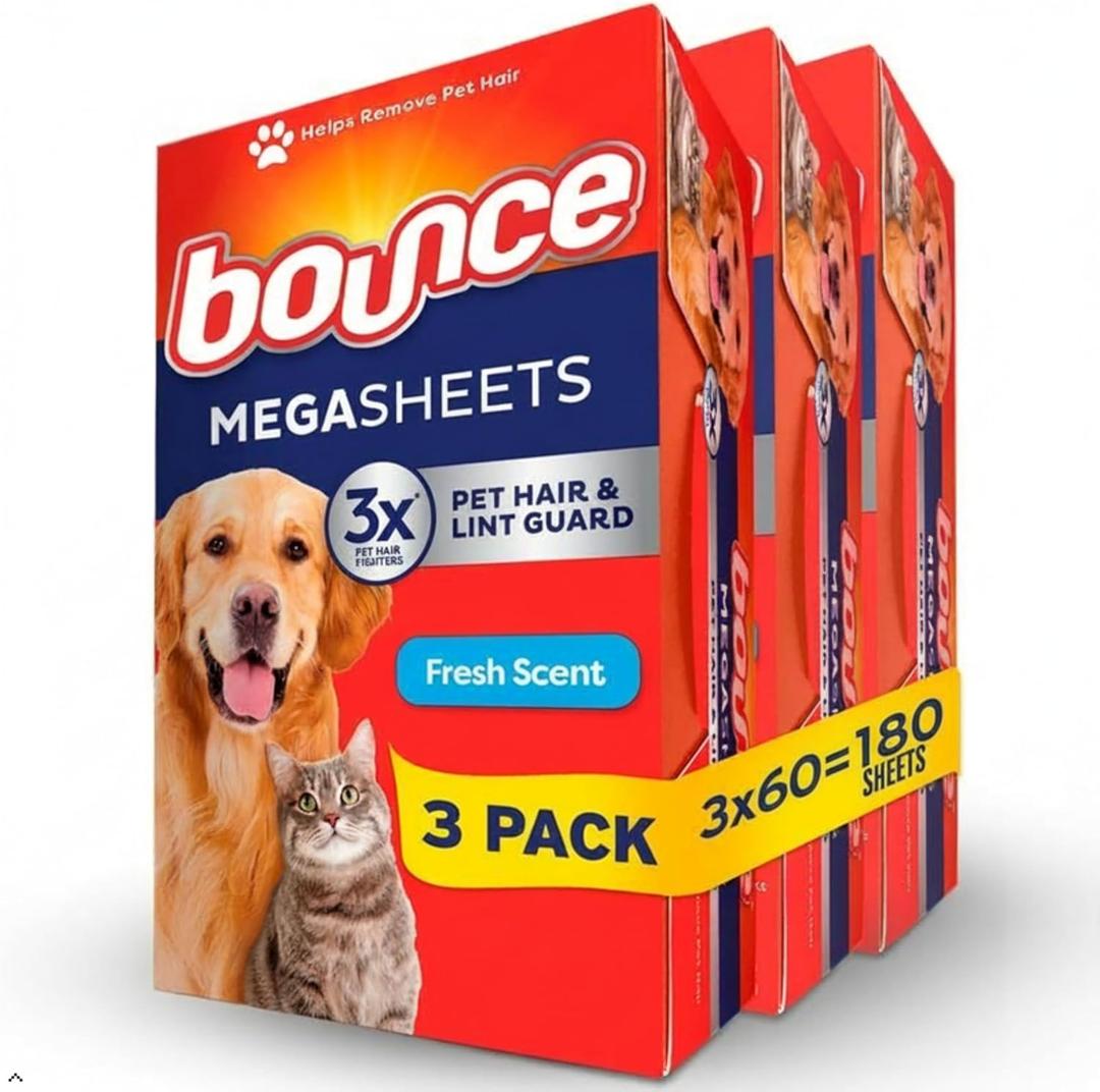Bounce Pet Hair and Lint Guard Mega Dryer Sheets with 3X Pet Hair Fighters, Fresh Scent, 180 Count