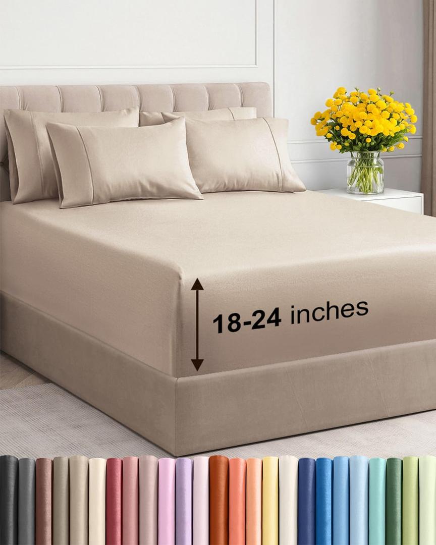 Extra Deep Queen Sheet Set - 6 Piece Breathable and Cooling Sheets - Hotel Luxury Bedding for Women, Men, Kids & Teens - Easy & Secure Fit - Soft, Wrinkle Free and Comfy - Extra Deep Pockets - Wheat