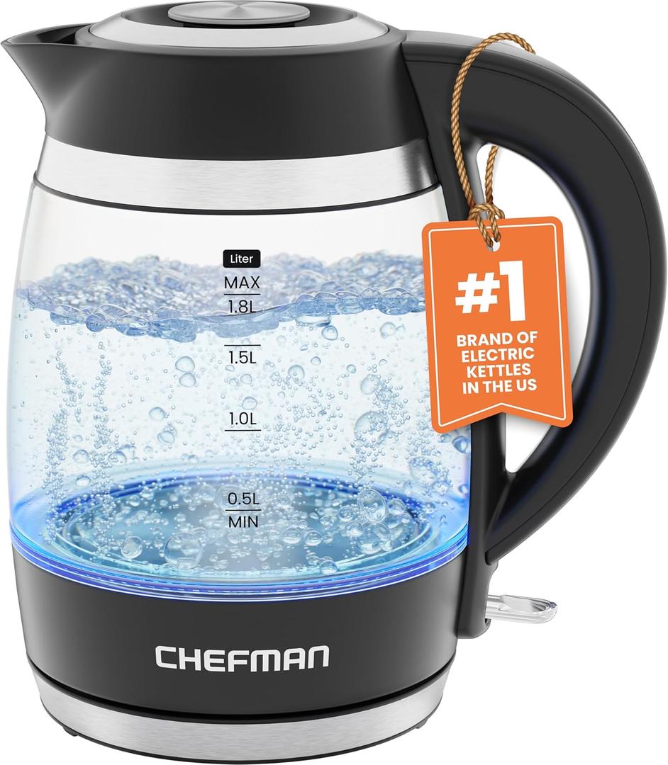 Chefman Electric Kettle, 1.8L 1500W, Hot Water Boiler, Removable Lid for Easy Cleaning, Auto Shut Off, Boil-Dry Protection, Stainless Steel Filter, BPA Free, Borosilicate Glass Electric Tea Kettle (1.9 Quarts, Black)