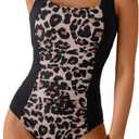 Women's One Piece Tummy Control Swimsuit Ruched Slimming Bathing Suit Color Block Swimwear (Medium, Black Leopard)