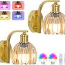 Rechargeable Battery Operated Wall Sconce Set of Two with Amber Glass Lampshade, Wireless Wall Scone Decor with Remote Control, 15 Colors Gold Wall Light for Bedside Hallway Bedroom Doorway
