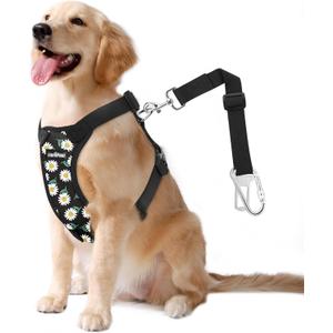 VavoPaw Dog Seat Belt, Safety Vest Dog Car Harness with Adjustable Buckle Dog Seat Belt for Vehicle Nylon Pet Safety Seat Belts Heavy Duty(L, Black Daisy) (L (Chest: 22-32.3", Neck: 16.9-26"))