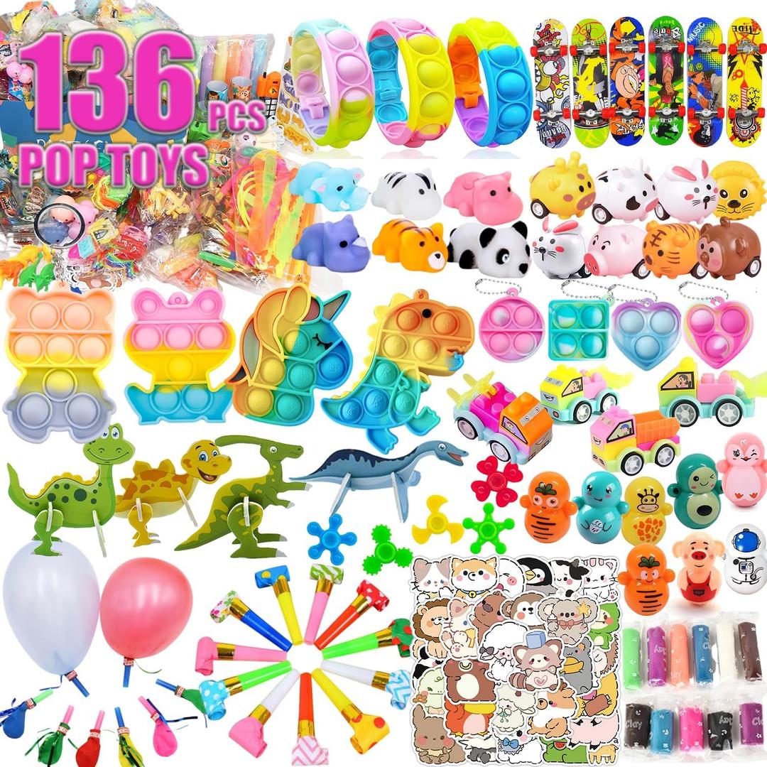 136 Pcs Pop Kids Party Favors Toys Bulk,5-in-1 Classroom Prize Box for 4-10 Ages Boys Girls,Carnival Treasure Box Stuffers Fidget Pop Its,Arts & Educational Toys Goody Bag Fillers,Pinata Stuffers