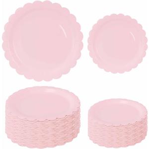 50 Pcs Light Pink Scalloped Paper Plates 25 × 7'' and 25 × 9'' Disposable Pink Scalloped Dinner Plates for Wedding Baby Shower Birthday Party Disposable Dessert Plate