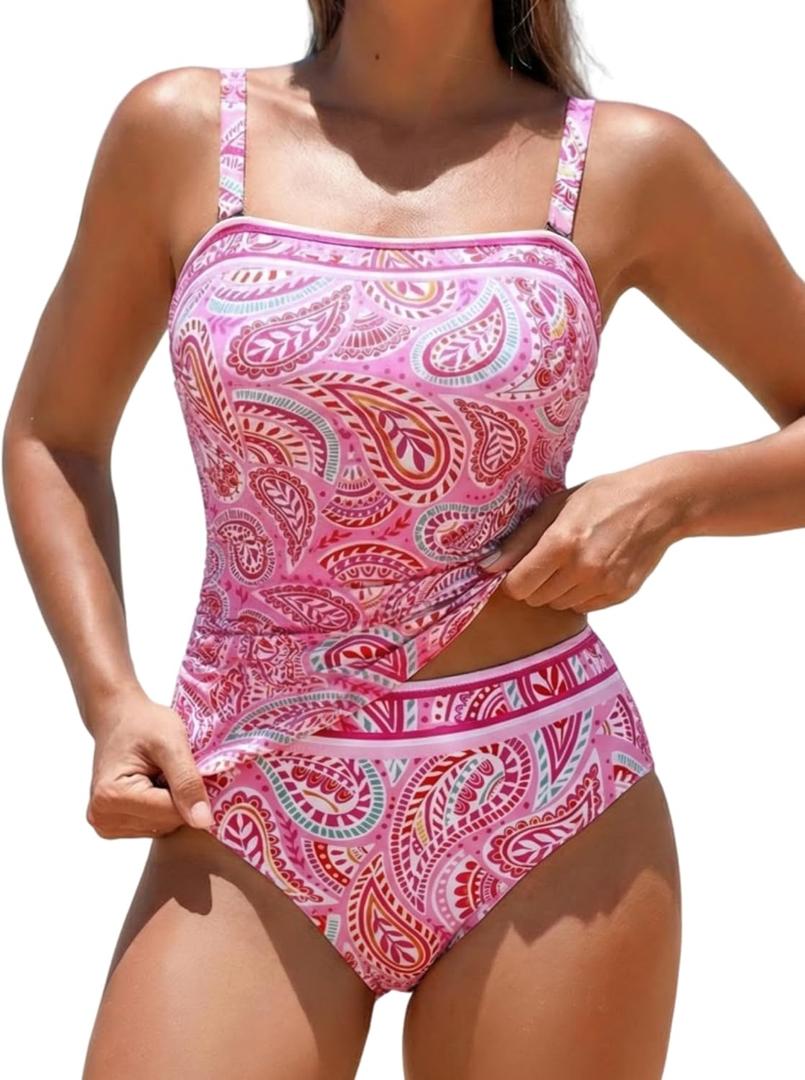 ZAFUL Women's Tummy Control Tankini Swimsuits Floral Print Two Piece High Waisted Bathing Suits Full Coverage Bikini Bottoms, Size L
