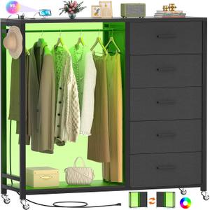 Cyclysio Dresser for Bedroom with Clothes Rack, 5 Drawers Dresser with Charging Station & LED Lights, Black Storage Chest of Drawers with Wheels, Wooden Top, Lockable Wheels, Bedroom, Closet, Black