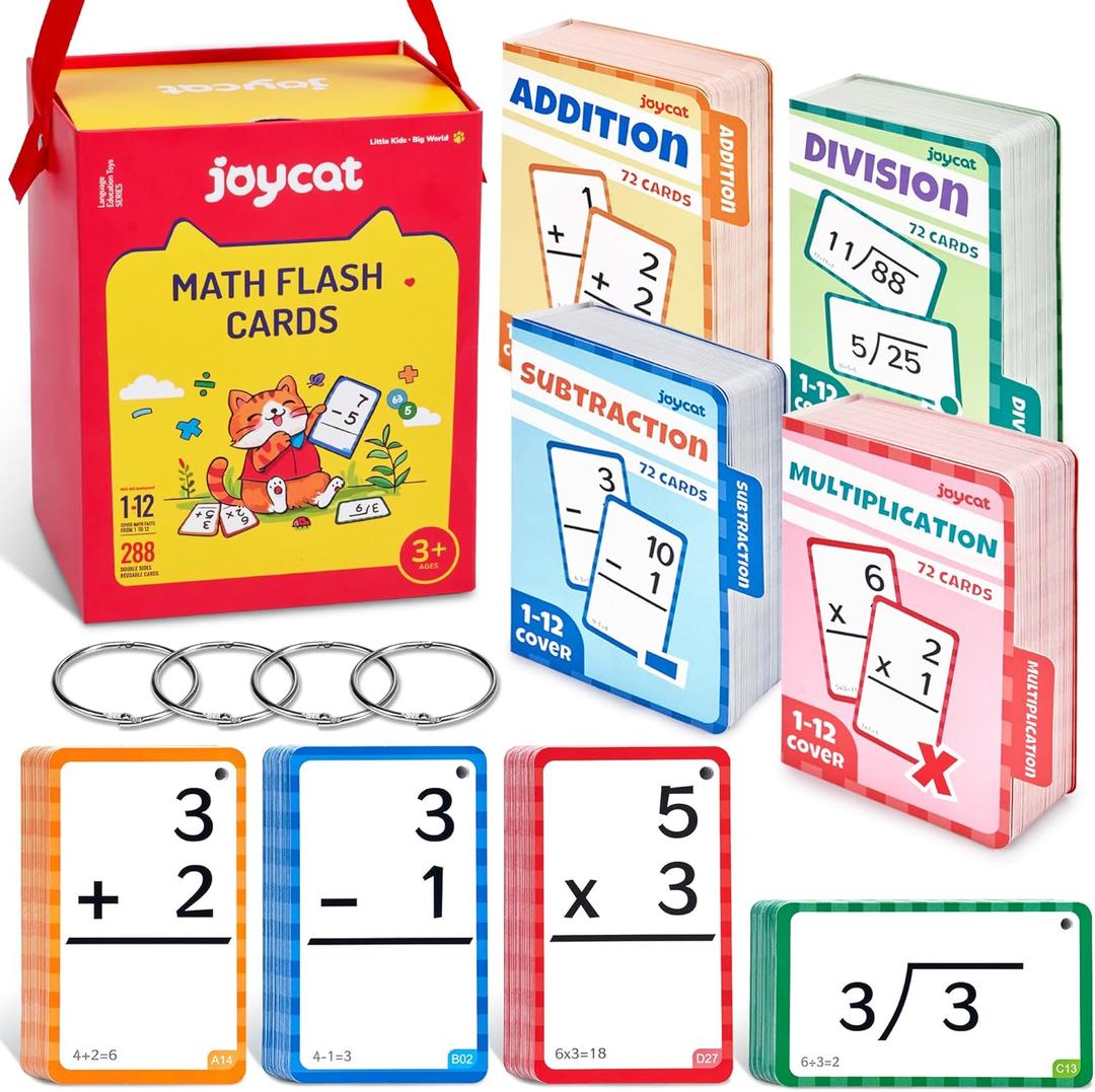 JoyCat 288 Math Flash Cards Set of 4- Multiplication, Division, Addition and Subtraction Flashcards for Kids 1st 2nd 3rd 4th 5th Grade or Kindergarten Homeschool Supplies