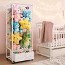 Stuffed Animal Storage - Large Stuffed Animal Zoo Holder with 2 Toy Bins - Plushies Storage with Elastic Band - Metal Plush Toy Organizer Brake Wheels Perfect for Toddler Rooms Playrooms Bedroom