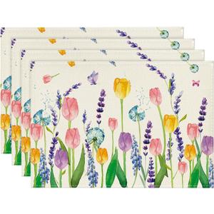Artoid Mode Lavender Tulip Spring Placemats for Dining Table, 12 x 18 Inch Summer Seasonal Holiday Decoration Rustic Vintage Washable Table Mats Set of 4 (Beige)