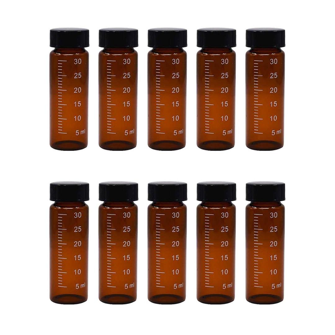 PENCK 10pcs 30ml/1oz Little Brown Glass Bottle Vials with Black Screw Cap, Small Graduated Sample Container, Empty Leak-Proof Storage Test Vials for Sample Capture and Storage