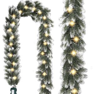 Pre Lit Snow Flocked Christmas Garland 6 ft Artificial Christmas Garland with Warm White 30 LED Light and Timer Frosted Faux Pine Winter Garland for Home Indoor Outdoor Mantel Seasonal Decor