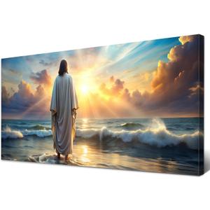 Large Jesus Canvas Wall Art Jesus Walking on Water Wall Decor for Living Room Office Inspirational Christian Picture Prints Sunset Ocean Coastal Painting Religious Poster Artwork Decorations 24x48”