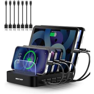 MSTJRY Charging Station for Multiple Devices : 5 Port Multi USB-A Charger Stations Multi-Device Organizer Charging Dock Designed for iPhone iPad Cell Phone Tablets (7 Short Cables Included), Black