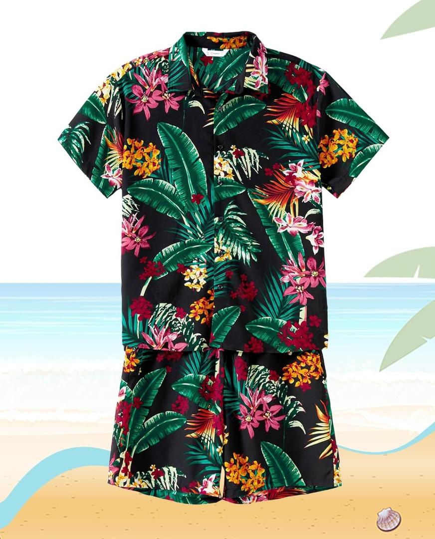 PATPAT Hawaiian Dad and Me Beach Tropical Plant Allover Flower Print Shirt and Shorts Set XL