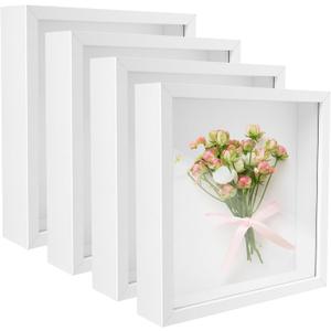 4 Pack 8"x 8" Shadow Boxes Frame Display Cases Wood Deep Shadowbox for Photos, Dried Flowers, Handicrafts Picture Frames for Wall Tabletop (White, 8x8)