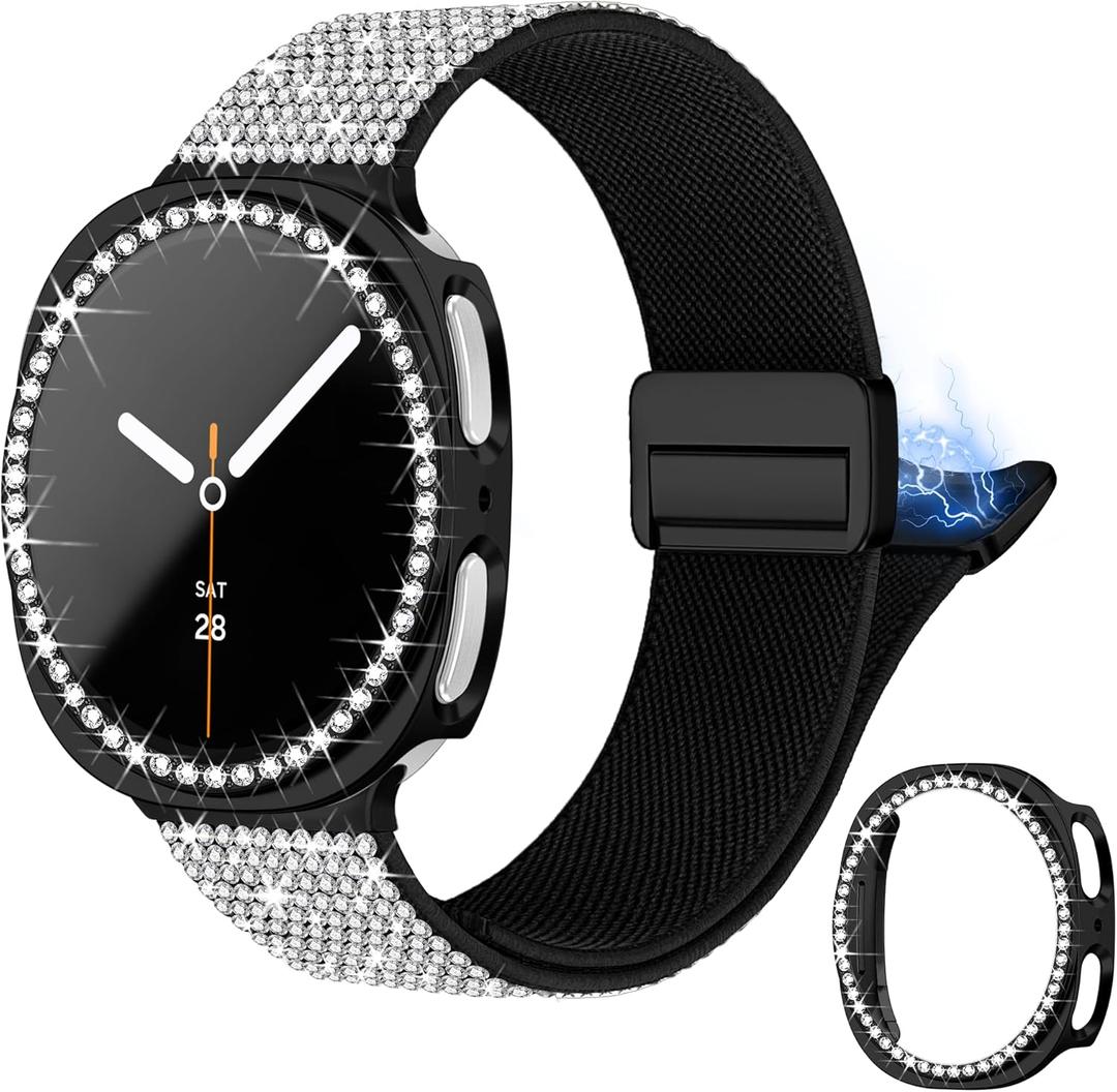 wipalor Bling Nylon Band with Case for Samsung Galaxy Watch 8 Band 40mm with Bling Protective Cover Case for Women, Sport Magnetic Dressy Samsung Galaxy Watch 8 Bands 40mm for Women