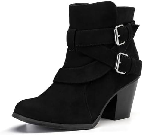 Women's Extra Wide Width Ankle Boots. Mid Heel, Side Zipper, Winter Booties, Adjustable Buckle (Size 8W)