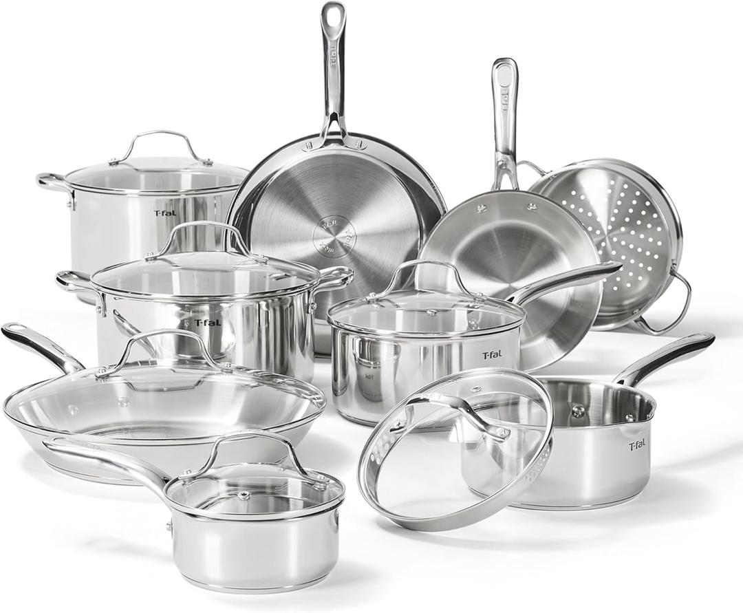 T-fal Gourmet 15-Piece Stainless Steel Cookware Set, Pots and Pans Cooking Set, Dishwasher Safe, Oven Safe to 500F, Induction Compatible, Stock Pot, Sauce, Saute, Frying Pans, Silver