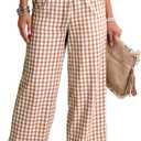 Flygo Women's Gingham Pants Y2K Cotton Wide Leg Ruffle Hem Lounge Pants Plaid Elastic Waisted Trouser with Pockets (Brown, M)