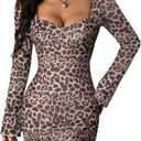 SHENHE Women's Y2K Leopard Print Long Sleeve Open Back Bodycon Mini Dress Sweetheart Neck Night Out Dress (M)