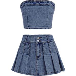 WDIRARA Girl's Y2K 2 Piece Outfits Bandeau Tube Tops Jeans Denim Sets A Line Pleated Mini Skirt Set