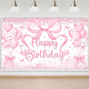 Avezano Coquette Happy Birthday Backdrop Pink Bow Coquette Birthday Party Decorations Bow Happy Birthday Banner Bow Tie Birthday Backdrop for Girls Birthday Party Supplies 70.8 x 43.3 Inch