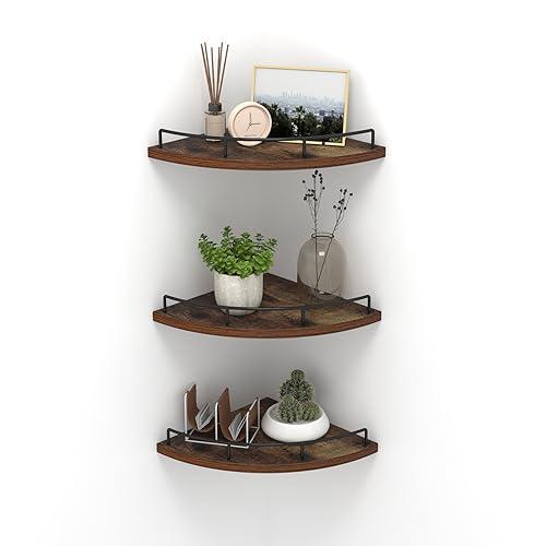 HORLIMER Floating Corner Shelf Wall Mount, Set of 3 Rustic Wood Corner Wall Shelves with Fence for Bedroom, Living Room, Bathroom, Kitchen, Brown
