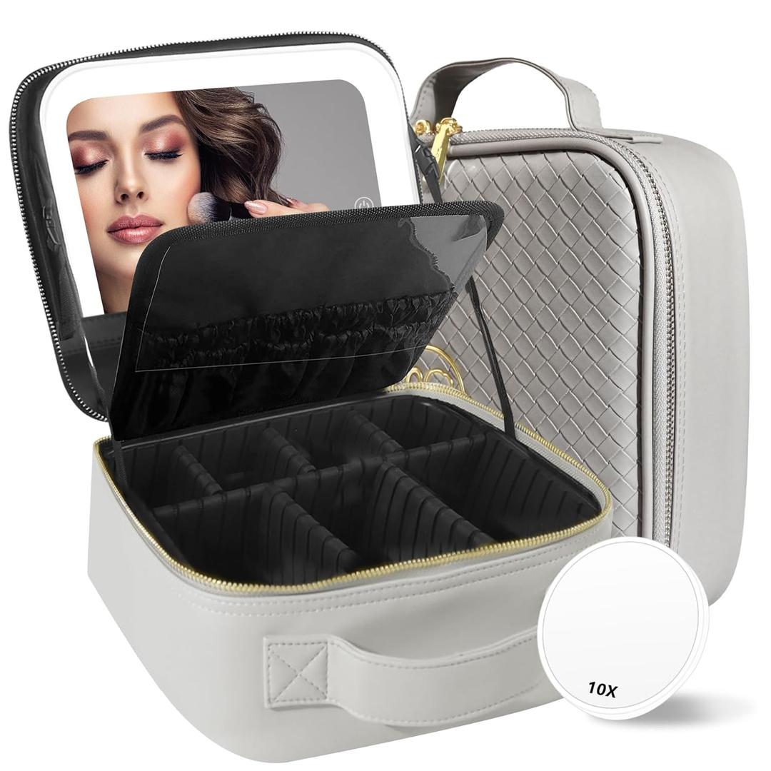 MOMIRA Travel Makeup Bag Cosmetic Bag Makeup Organizer Bag with Lighted Mirror, Adjustable Brightness in 3 Color Scenarios, Waterproof Makeup Train Case, Gift for Women - Light Gray(Woven) (Silver)