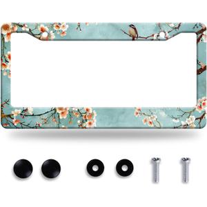 Watercolor Flowers with Birds License Plate Frame Floral Flower License Plate Frames Funny Auto Accessory Bracket Stainless Steel Beautiful License Plate for Women 6.3 x 12.3 Inch