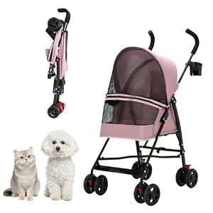 CYUmail Cat Stroller Foldable Lightweight for Small Dogs Cats 0-15 lbs Pink
