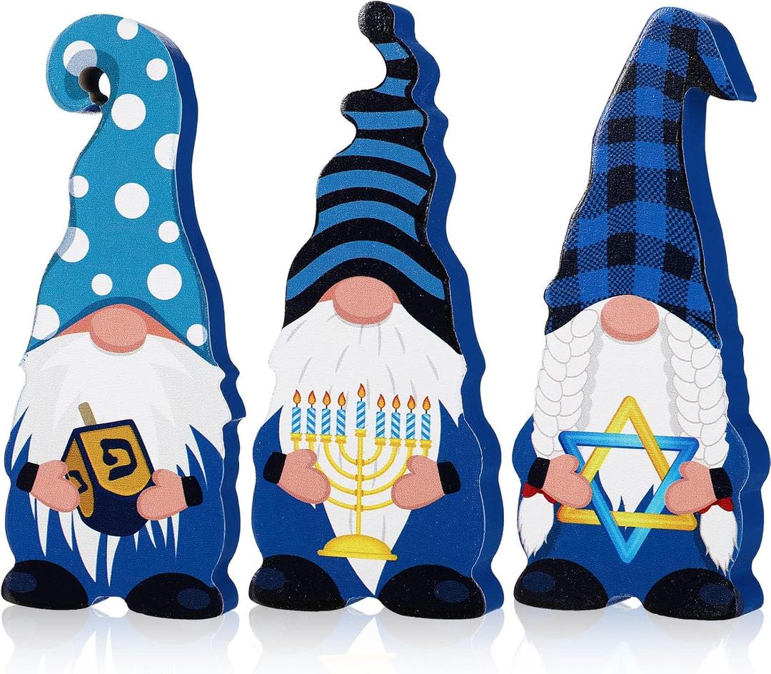 Remerry 3 Pieces Hanukkah Gnomes Wood Blocks, Hanukkah Table Decorations Chanukah Table Centerpieces Wooden Gnomes Signs for Desk Shelf Display Holiday Party Home Supplies Decorations