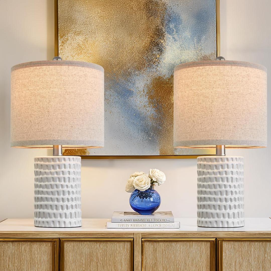 PORTRES 18.25" Modern Ceramic Table Lamps Set of 2 for Bedroom White Desk Lamps Bedside Lamps for Living Room Study Room Office Dorm Farmhouse Decor Nightstand Lamp End Small Table Lamps