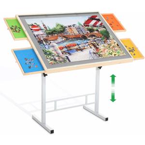 Puzzle Table with Drawers for Adults 1500 Pieces Angle & Height Adjustable Jigsaw Puzzle Table with Metal Legs 35"X26" Tilting Puzzle Board Table with Cover Birthday Gift for Mom (Gray)