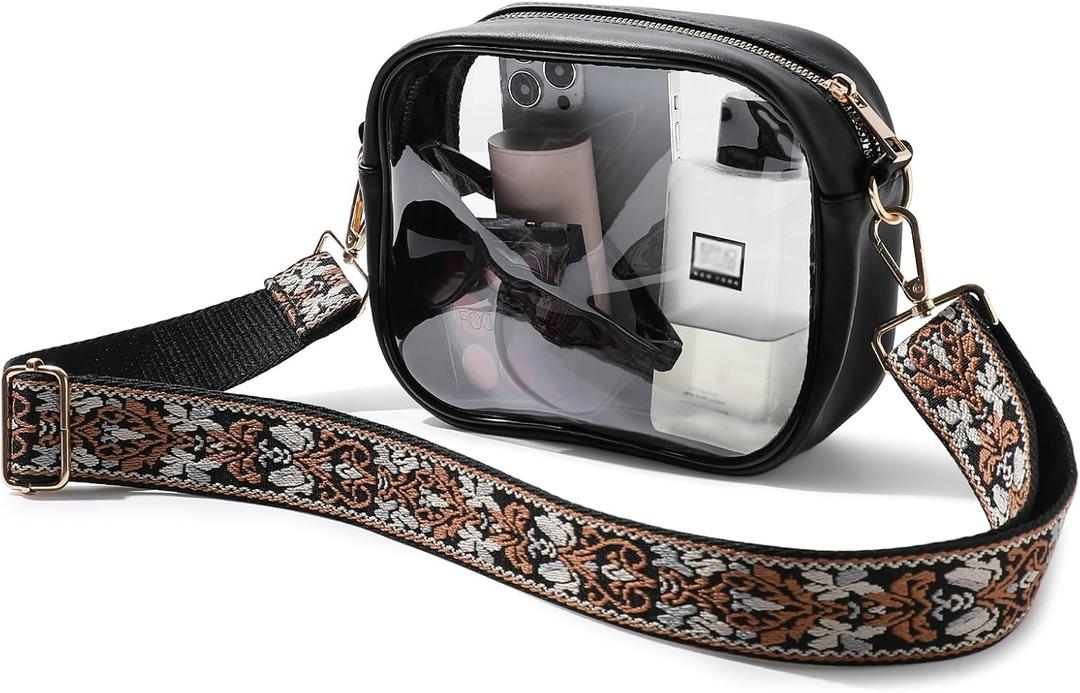 TOBVZOO Clear Bag Stadium Approved, Crossbody Transparent Bag for Concerts Sports Events, Purses for Men & Women (Black - Vintage Jacquard Strap)