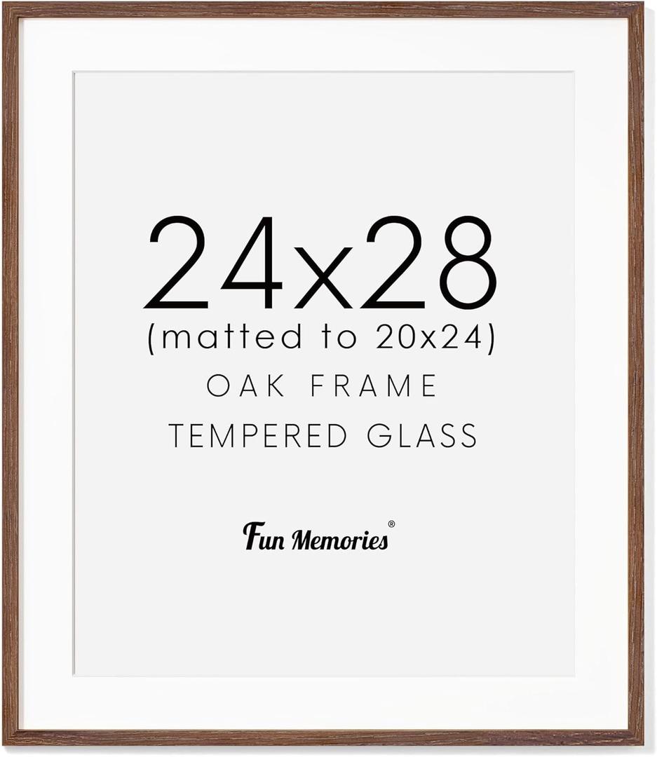 24x28 Picture Frame, Solid Oak Wood Frame 24 by 28, Rustic Wood Poster Frame 24"x28", 24x28 Frame with Mat for 20x24, 24 x 28 Frame with Tempered Real Glass (Walnut Color, 1 Pack) (24x28 - 1P)